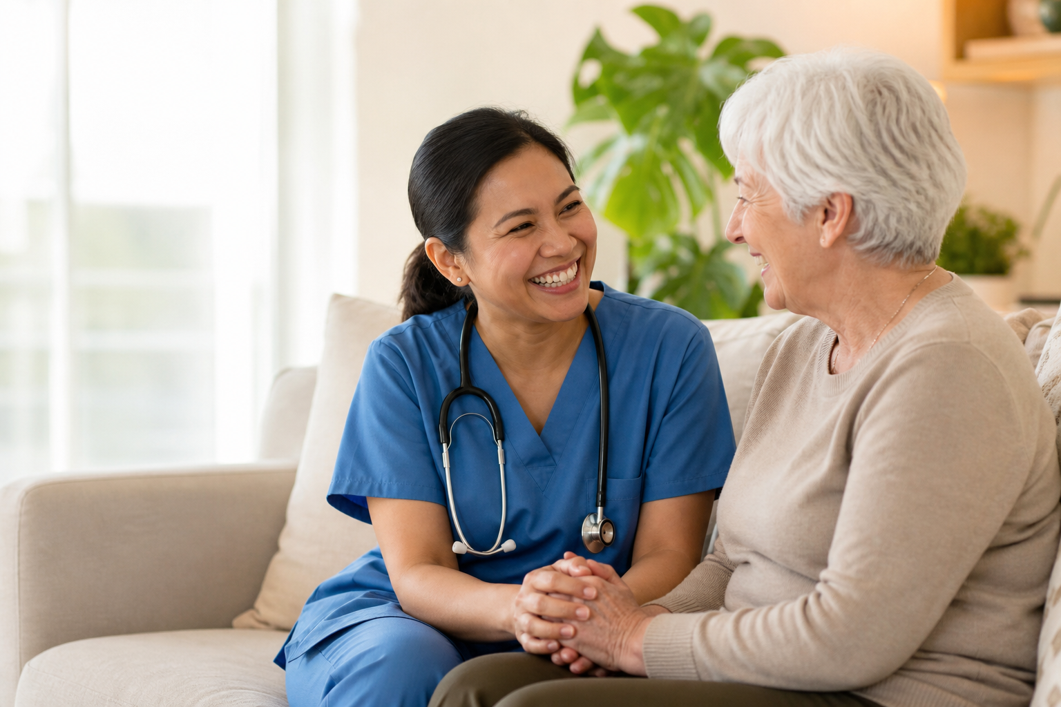 Nurse and elderly client sharing a warm moment of companionship at home
