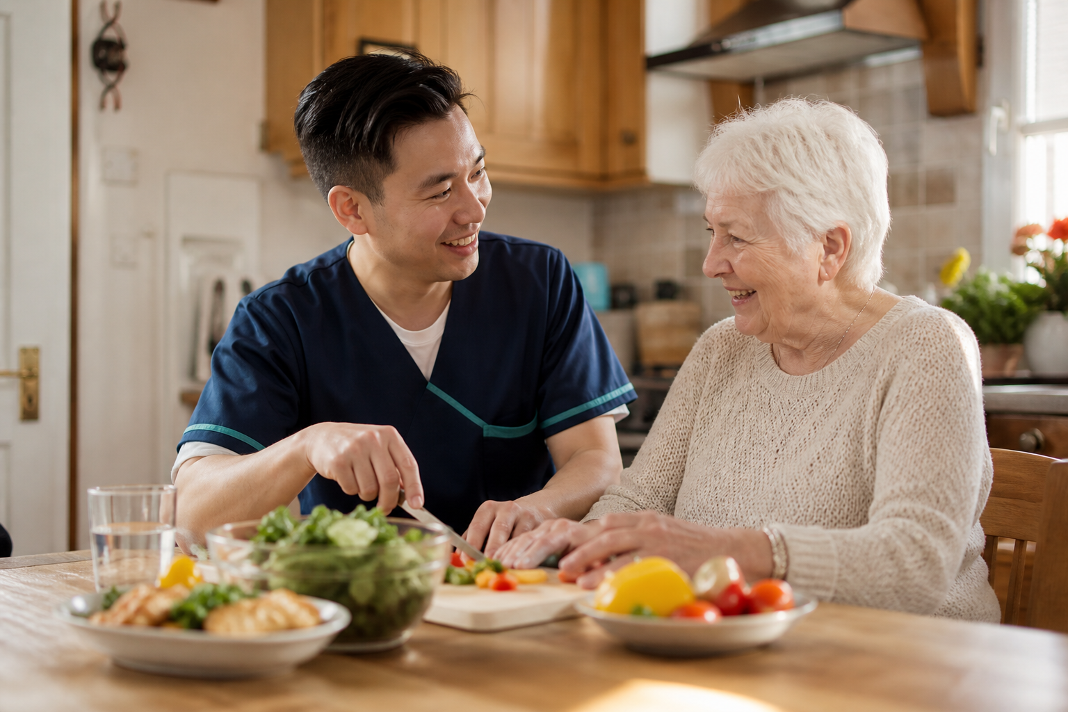 Carer and client preparing a meal together at home