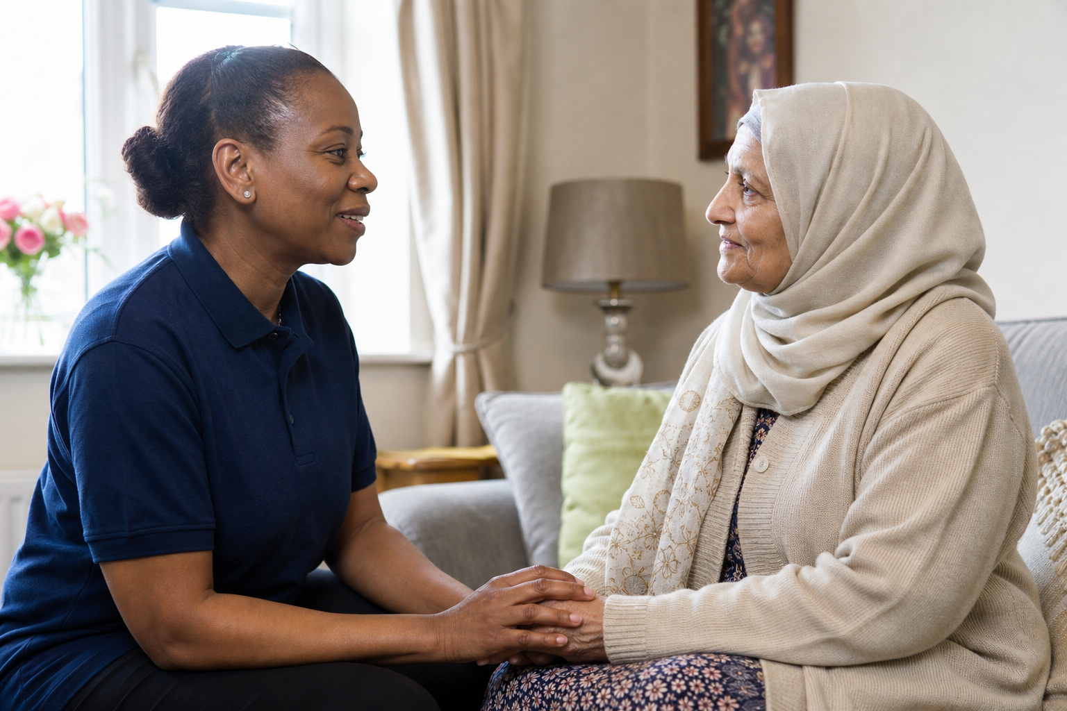 Black Caretaz carer talking warmly with a Pakistani client at home