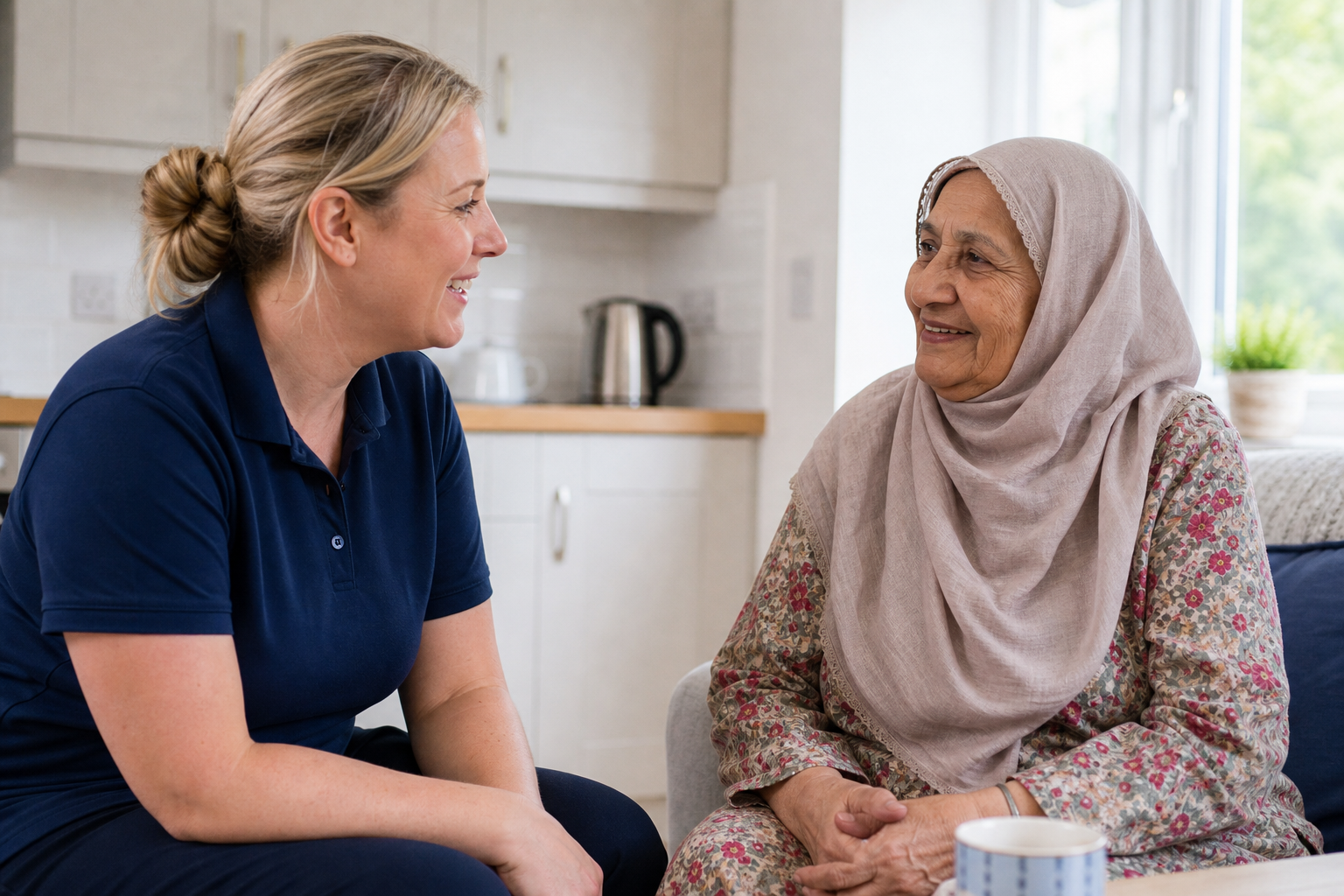 White carer speaking with a Muslim client during a visiting care session