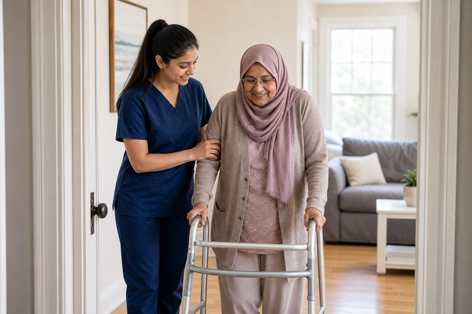 Carer assisting a Muslim Pakistani woman with safe mobility at home